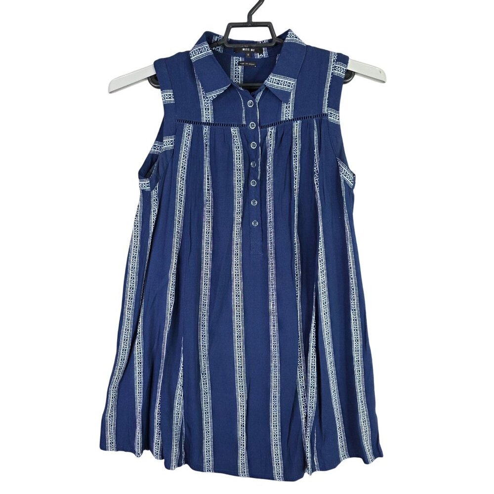 Womens Miss Me Blue & White Sleeveless Shirt Top 1/2 Button 100% Viscose Size S